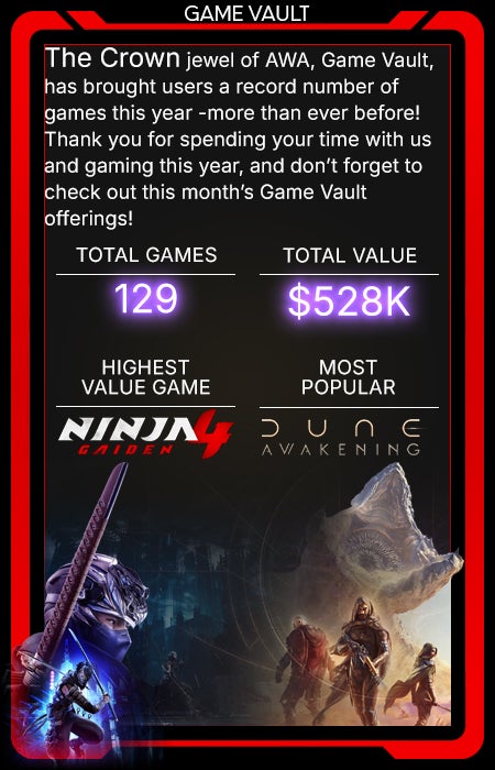 The crown jewel of AWA, Game Vault, has brought users a record number of games this year -more than ever before! Thank you for spending your time with us and gaming this year, and don’t forget to check out this month’s Game Vault offerings!