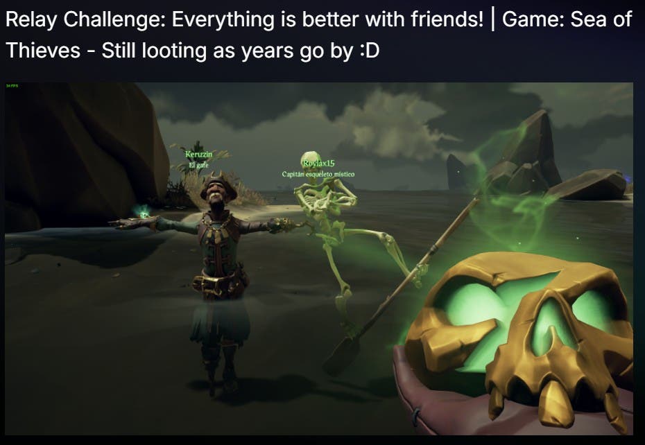 A pirate and skeleton dancing on a beach in a game