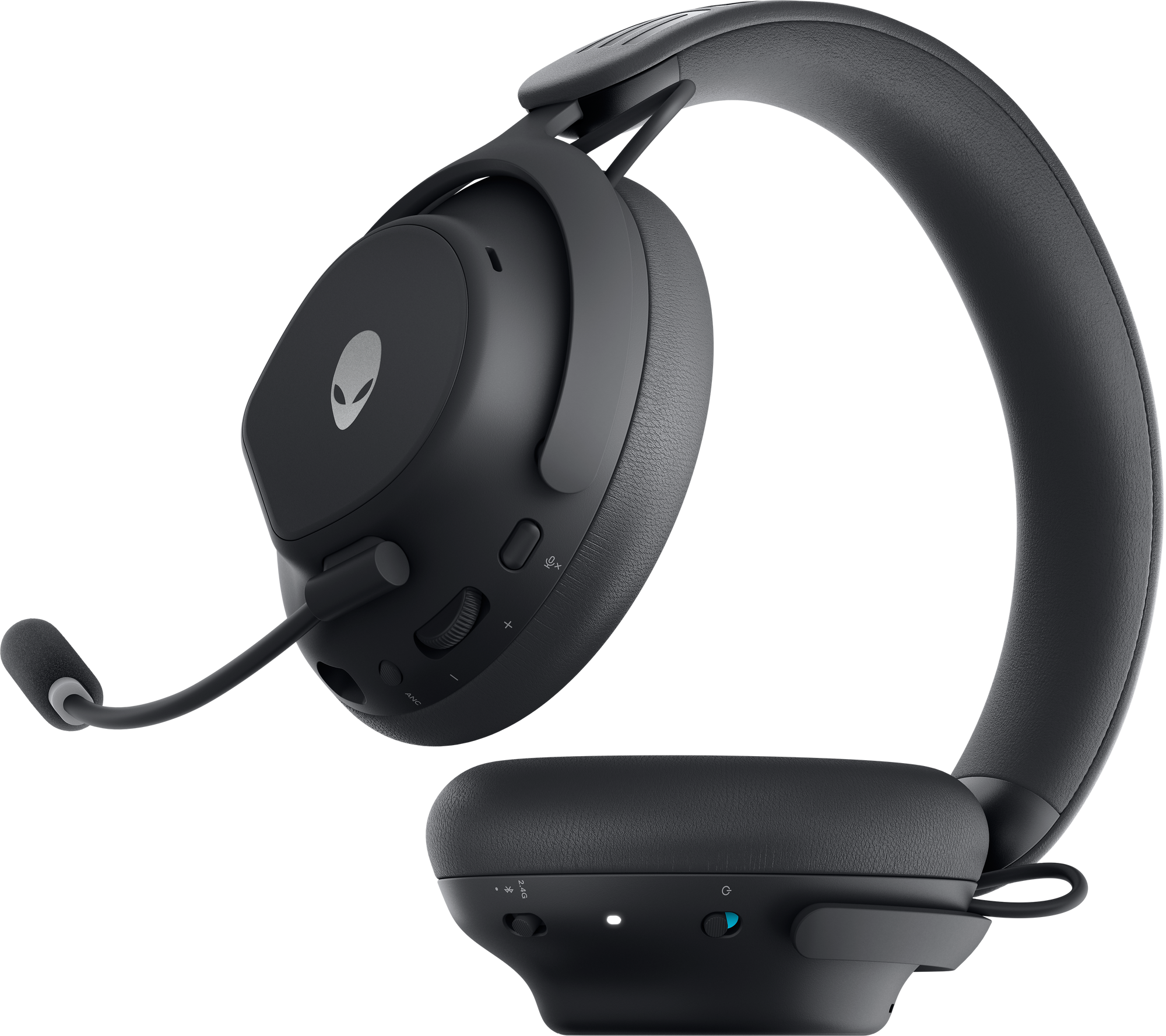 A black headphones with a microphone

Description automatically generated