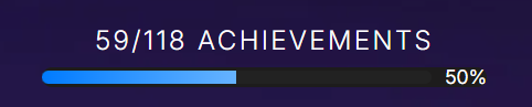 Screenshot of achievements progress bar showing 50%, or 59/118 a