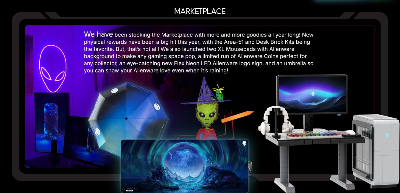 We have been stocking the Marketplace with more and more goodies all year long! New physical rewards have been a big hit this year, with the Area-51 and Desk Brick Kits being the favorite. But, that’s not all! We also launched two XL Mousepads with Alienware background to make any gaming space pop, a limited run of Alienware Coins perfect for any collector. An eye-catching new Flex Neon LED Alienware logo sign, and an umbrella so you can show your Alienware love even when it’s raining! 