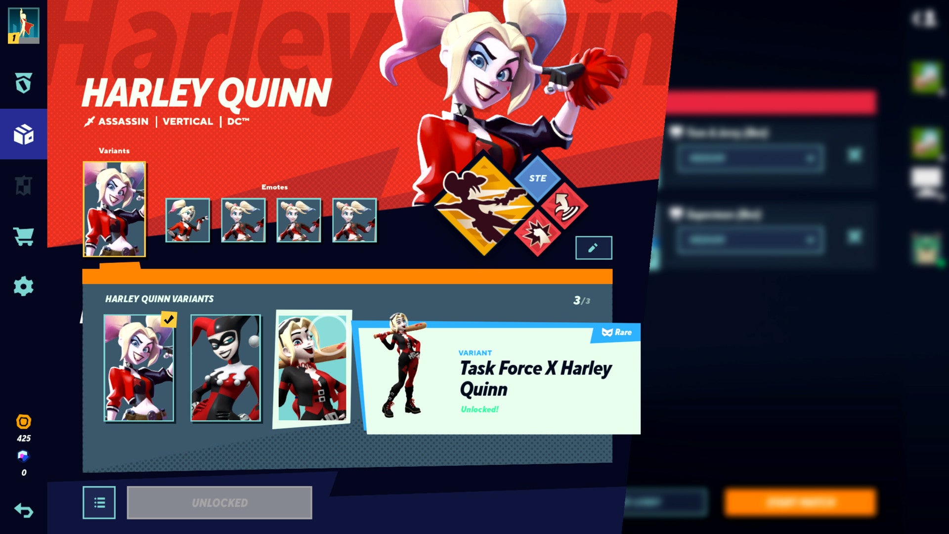 Menu for Harley Quinn character
