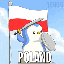Pengu with a sword and shield, standing in front of a flag of Po