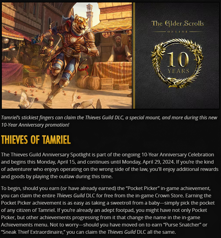 Details about a special event to earn a Thieves Guild DLC and mo