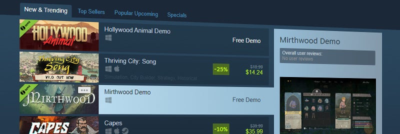 Screenshot New and Trending criteria on Steam featuring demo games