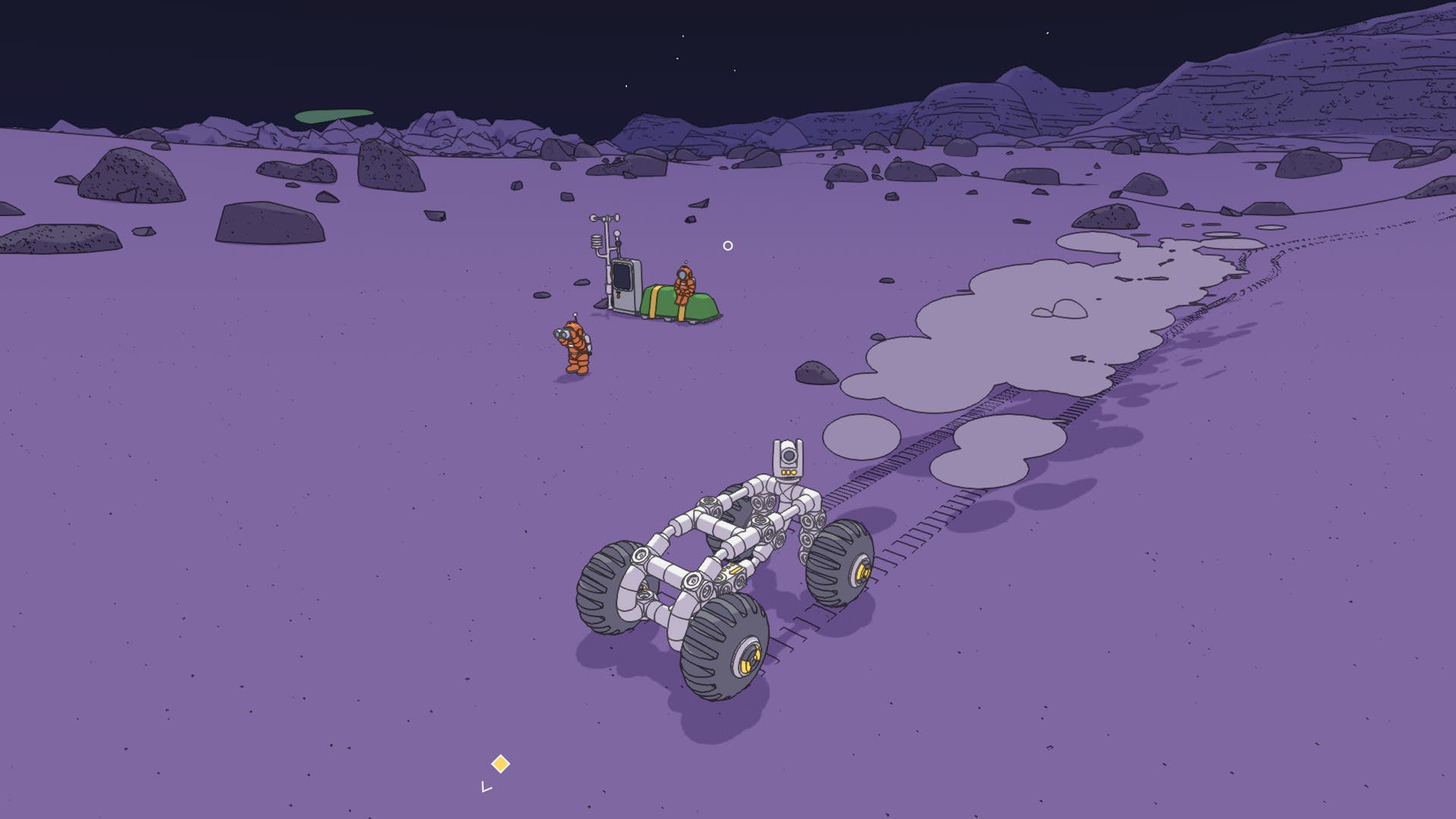 A martian rover passing by some Martian cosmonauts.