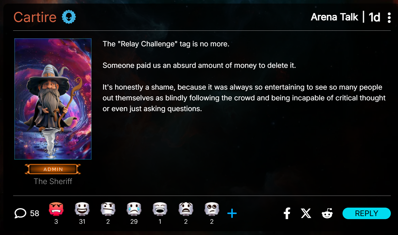 (Doctored) Relay post by Cartire, admin and sheriff of Alienware