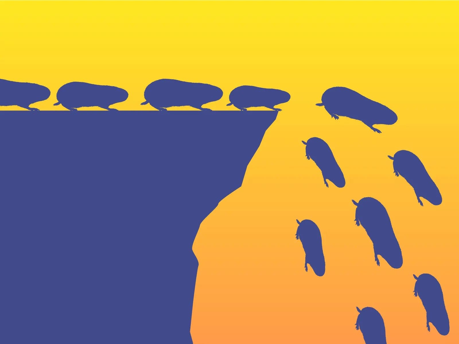 Silhouette of lemmings jumping off a cliff