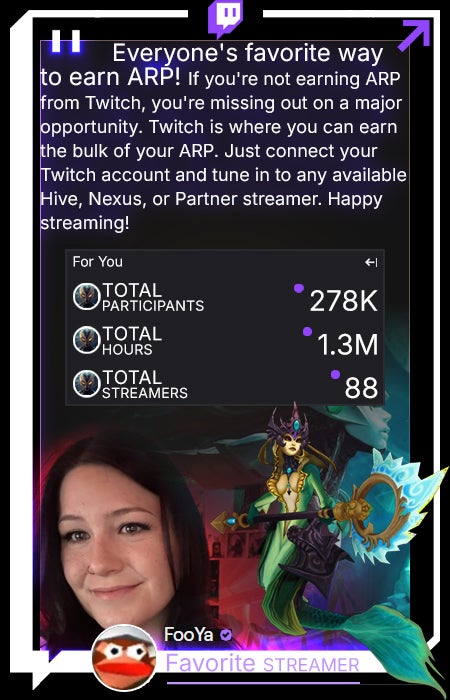 Everyone's favorite way to earn ARP! If you're not earning ARP from Twitch, you're missing out on a major opportunity. Twitch is where you can earn the bulk of your ARP. Just connect your Twitch account and tune in to any available Hive, Nexus, or Partner streamer. Happy Streaming!