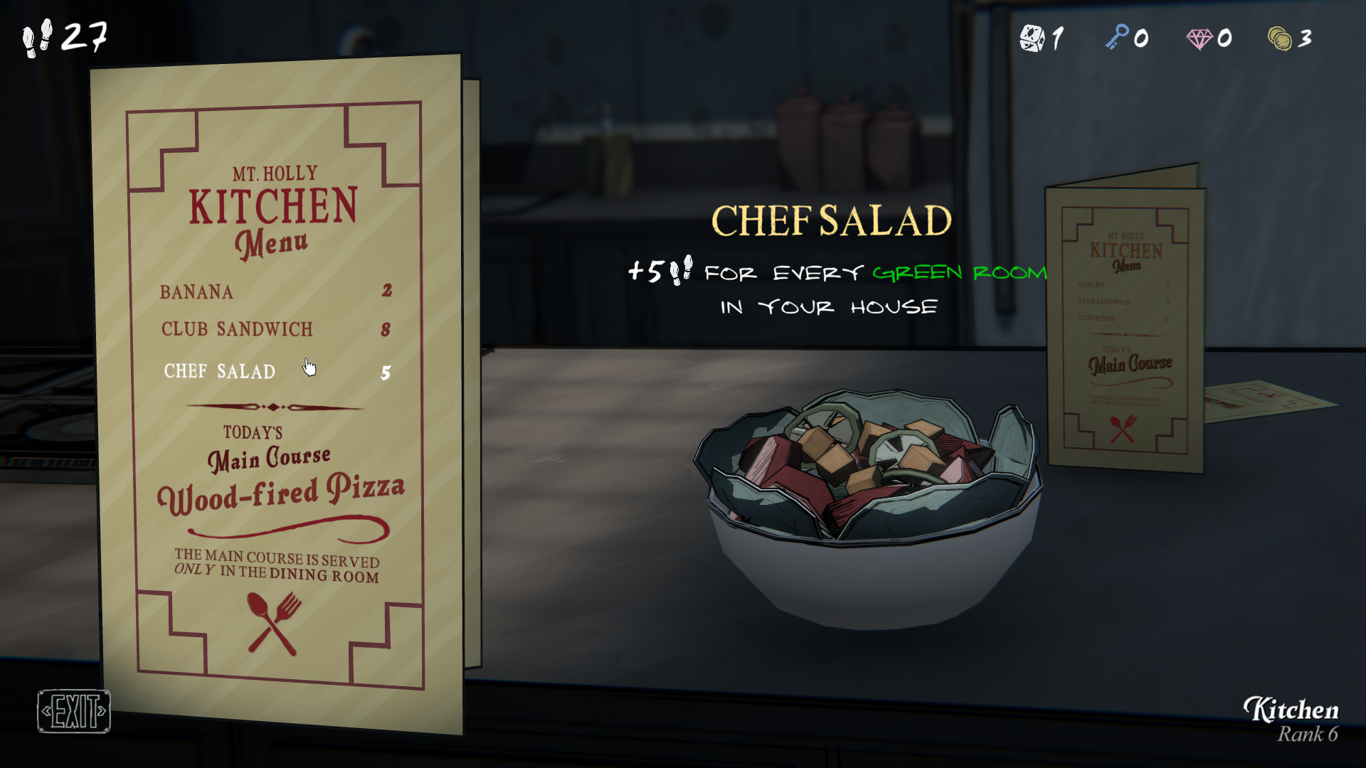 a bowl of salad with a dining menu listing the options and speci