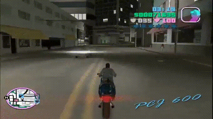 Tommy Vercetti parking his bike to buy some weapons.